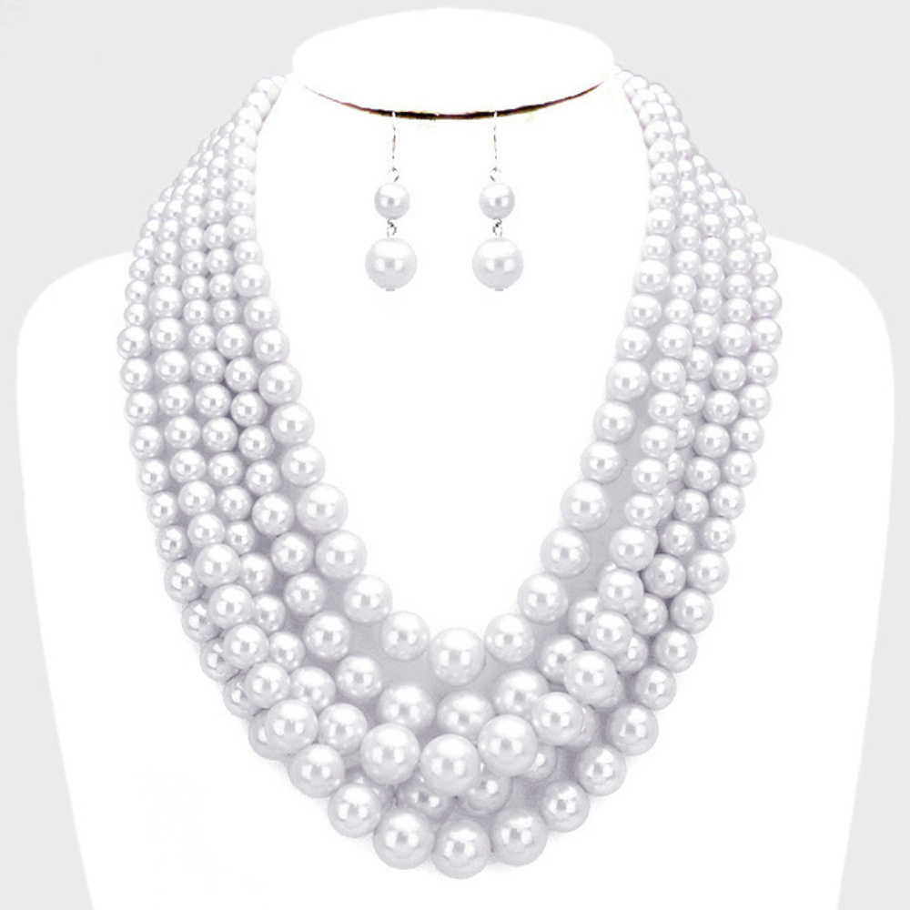 Layered White Faux Pearl Necklace Earring Set